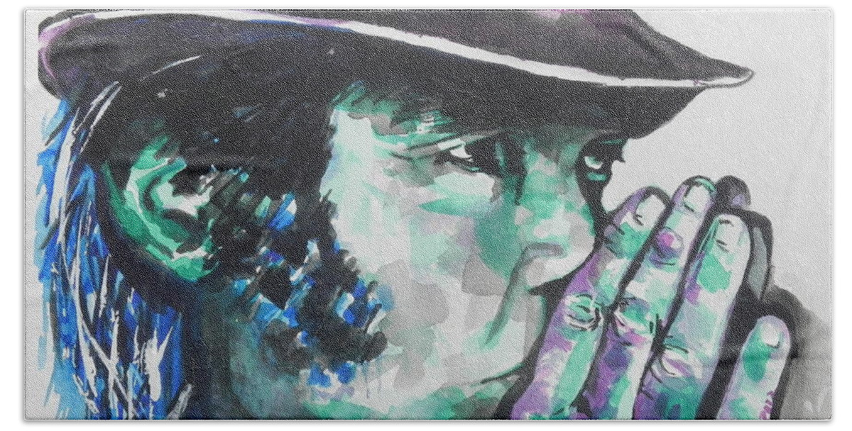 Watercolor Painting Beach Sheet featuring the painting Neil Young by Chrisann Ellis