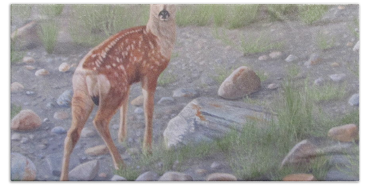 Mule Deer Fawn Beach Towel featuring the painting New Beginnings 2 by Tammy Taylor