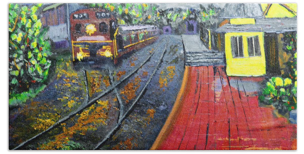Train Beach Towel featuring the painting New Hope PA Train Station by Michael Daniels