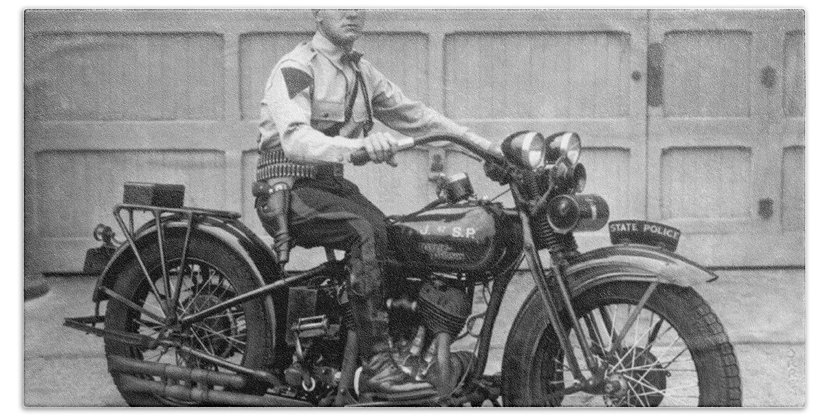 1930 Beach Towel featuring the photograph New Jersey Motorcycle Trooper by Underwood Archives