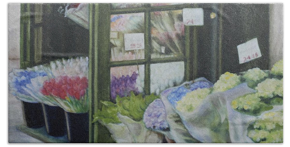 Fine Art Painting Beach Towel featuring the painting New York Flower Shop by Rebecca Matthews