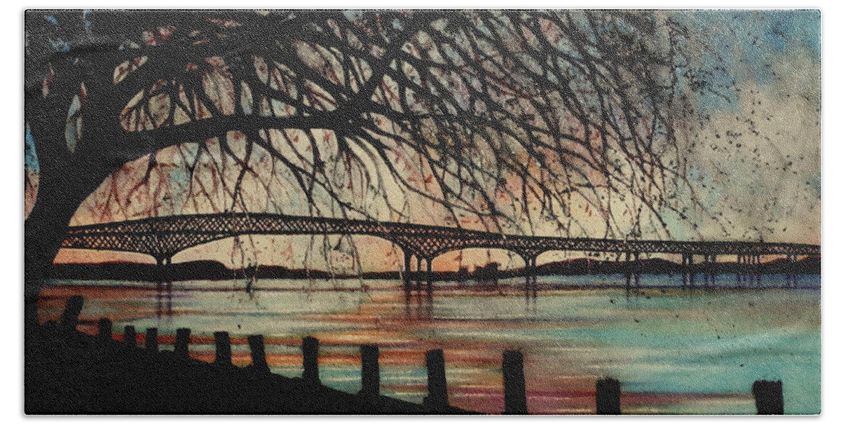 Bridge Beach Towel featuring the painting Newburgh Beacon bridge Sunset by Janine Riley