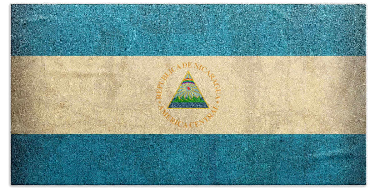 Nicaragua Beach Towel featuring the mixed media Nicaragua Flag Vintage Distressed Finish by Design Turnpike