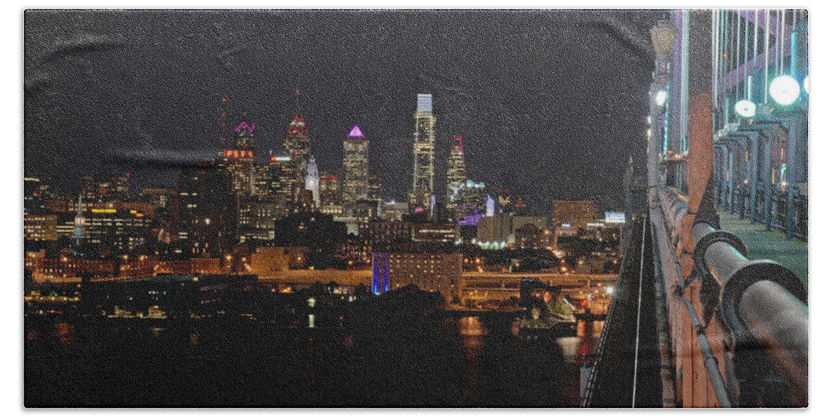 Philadelphia Beach Sheet featuring the photograph Nighttime Philly from the Ben Franklin by Jennifer Ancker