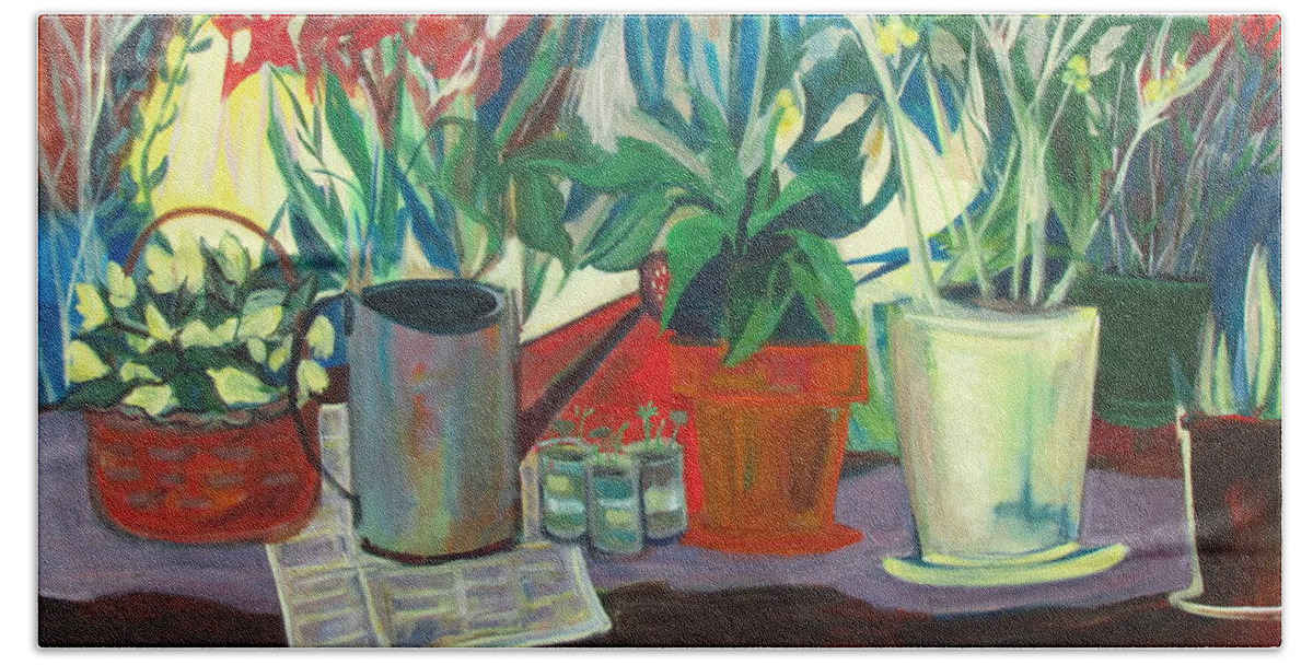 Painting Of House Plants Beach Towel featuring the painting Not Your Grandpa's Potting Stand by Betty Pieper