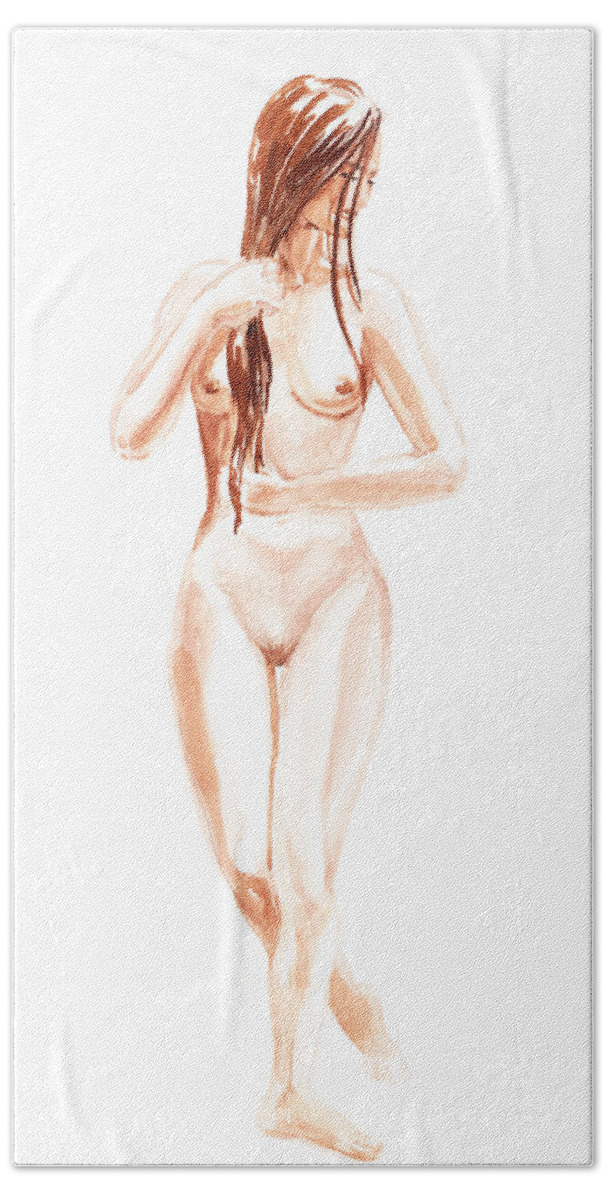 Nude Beach Towel featuring the painting Nude Model Gesture XIII Morning Flow by Irina Sztukowski