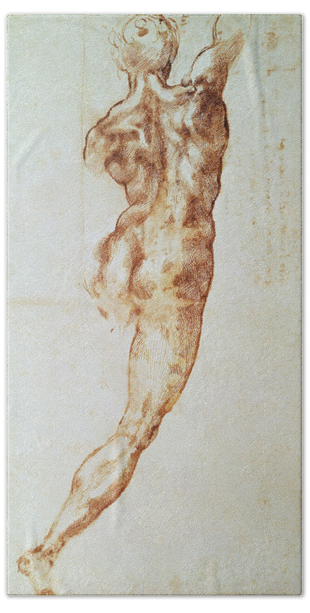 Michelangelo Beach Towel featuring the drawing Nude, Study For The Battle Of Cascina by Michelangelo Buonarroti