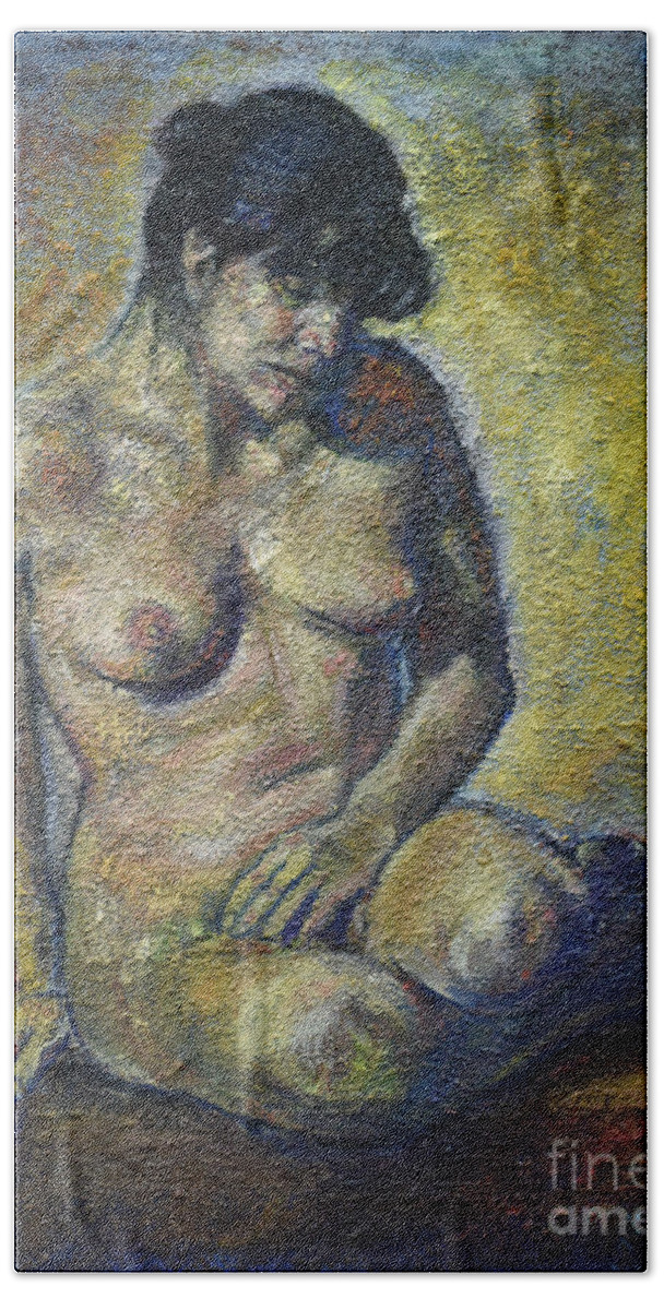Naked Beach Sheet featuring the painting Sad - Nude Woman by Raija Merila