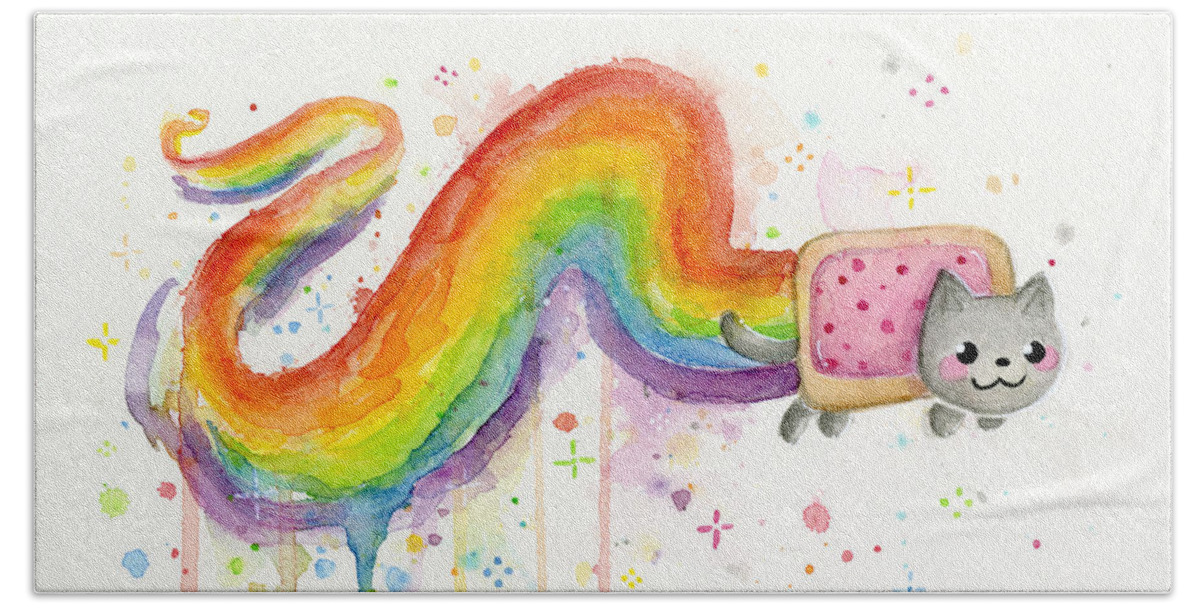 Nyan Beach Towel featuring the painting Nyan Cat Watercolor by Olga Shvartsur