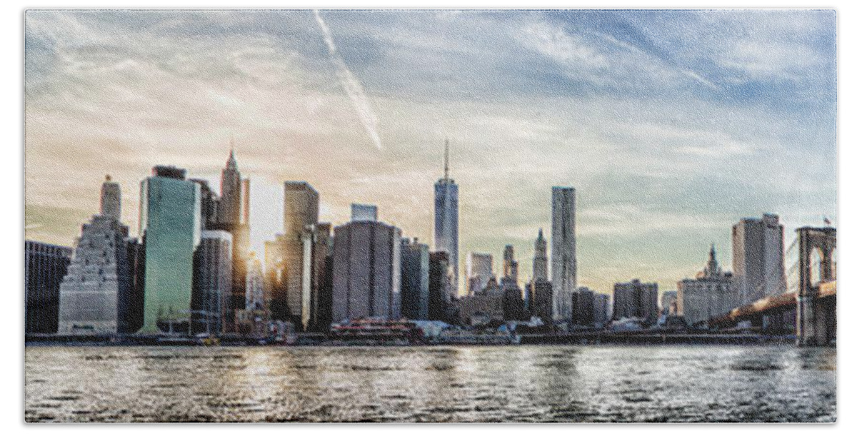 Manhattan Beach Towel featuring the photograph NYC Skyline At Sunset by Zev Steinhardt