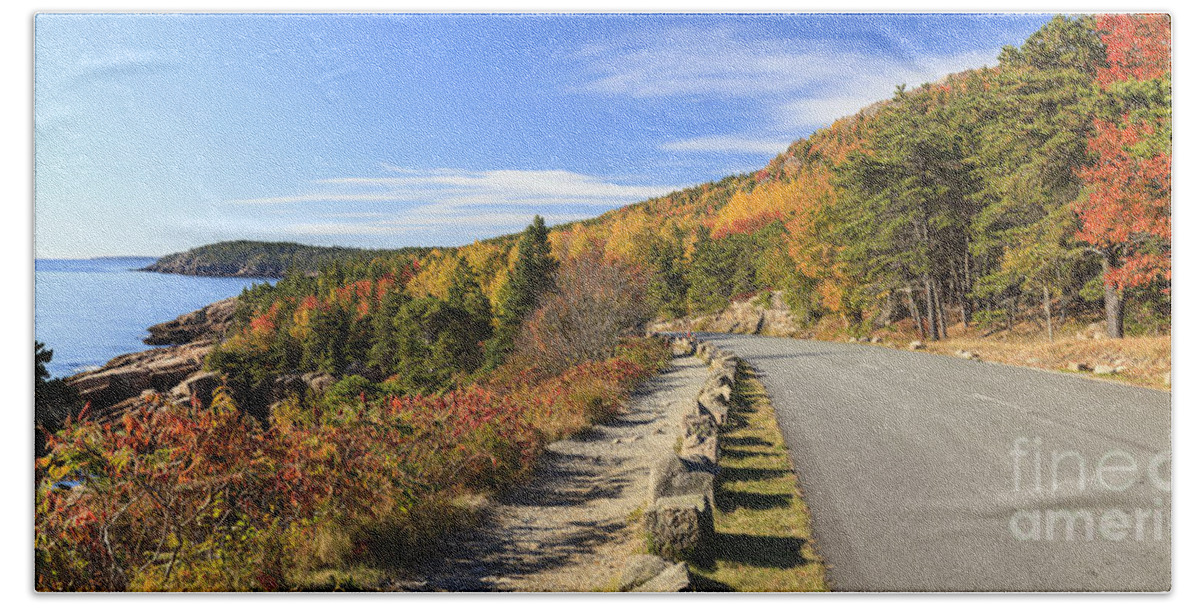 Otter Cliff Beach Towel featuring the photograph Ocean Drive road panorama Acadia National Park by Ken Brown