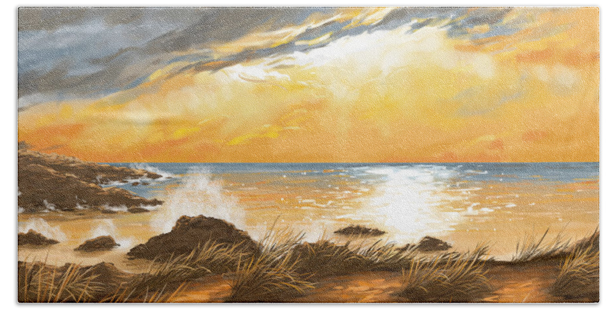 Sunset Beach Towel featuring the painting Ocean by Veronica Minozzi