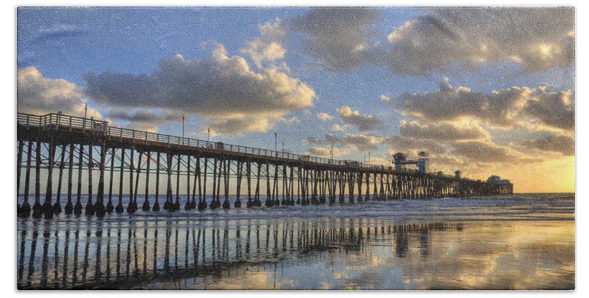 California Beach Sheet featuring the photograph Oceanside Pier Sunset Reflection by Peter Tellone