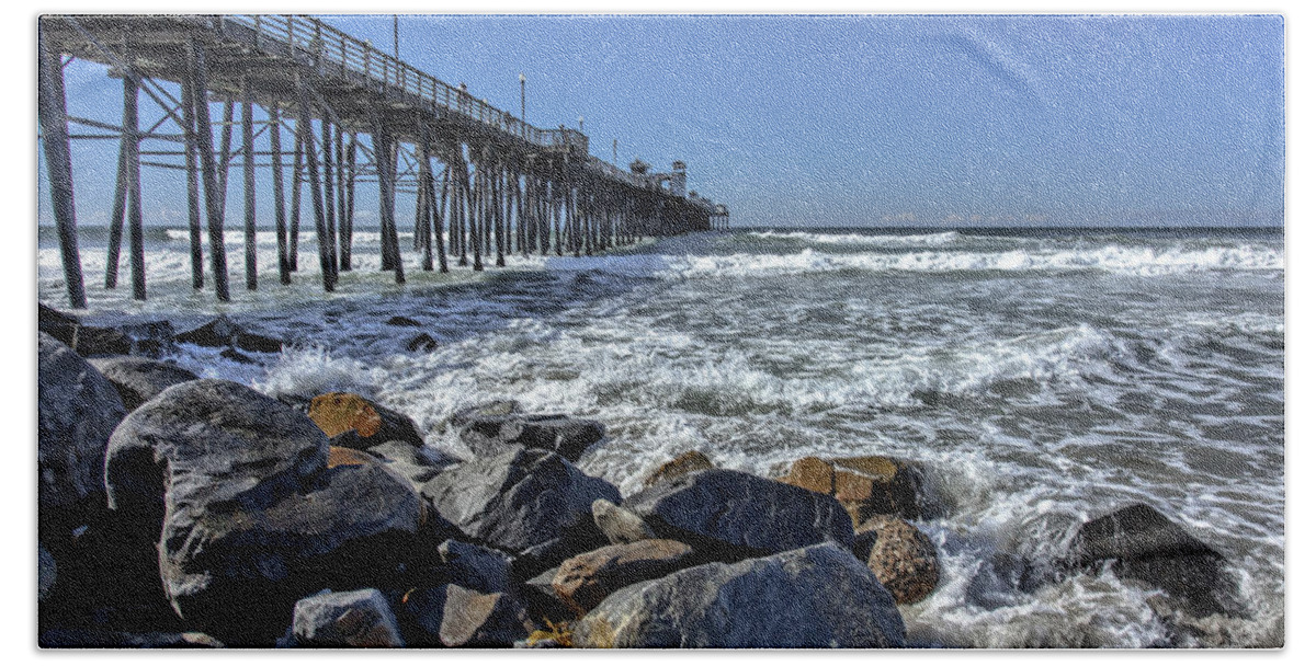  Oceanside Pier Beach Towel featuring the photograph Oceanside Rocks by Diana Powell