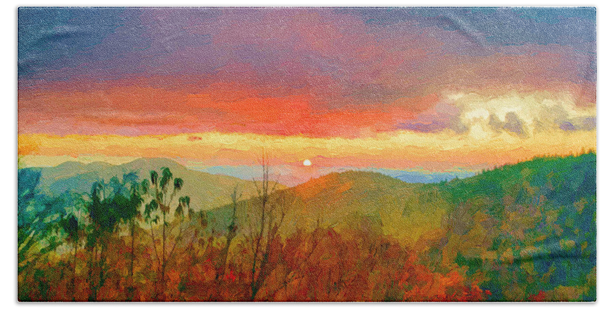Sunrise Beach Towel featuring the painting October Sunrise Painting on the Blue Ridge Parkway by John Haldane