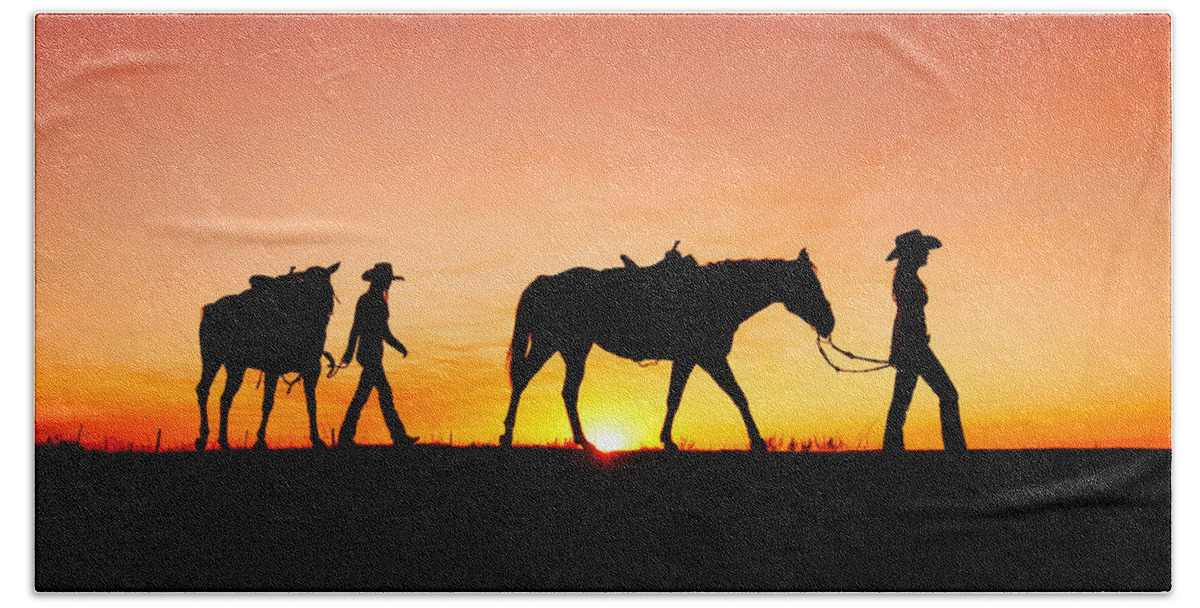 Cowgirls Silhouette Horses Sunset Sunrise Twilight Horizon Landscape Beautiful Sexy Sky Women Two Pair Girls Cowboys Rural Ranch Countryside Havre Montana Country Evening Saddle Outdoors Beauty Nature Sun Sunlight Orange American West Side View Yellow Dusk Dawn Leading Harness Halter Walking Agriculture Guest Ranch Recreation Femininity Young Feminine Legs Bright Back Lit Horizon Over Land Western West Great Plains Equine Quarter Horse Best Beach Sheet featuring the photograph Off to the Barn by Todd Klassy