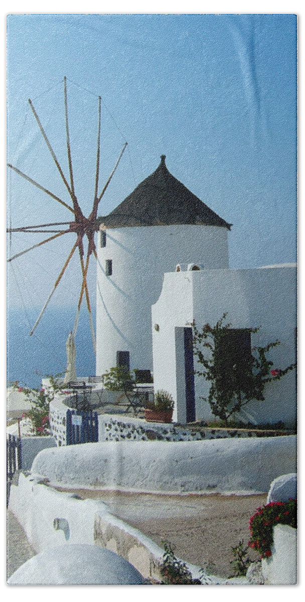 Greece Santorini Oia Windmill Cyclades Island Photo White Blue Beach Sheet featuring the photograph Oia Windmills by Brenda Salamone