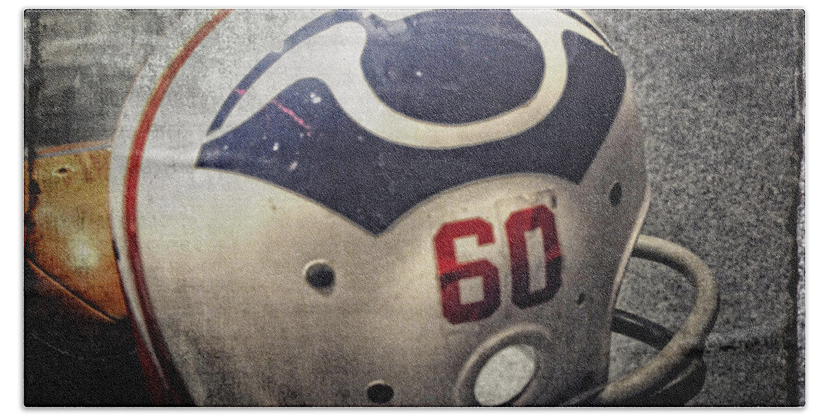 Old Beach Towel featuring the photograph Old Boston Patriots Football Helmet by Mike Martin