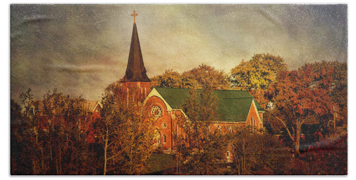 Church Beach Towel featuring the photograph Old Brick Church in Autumn by Peggy Collins