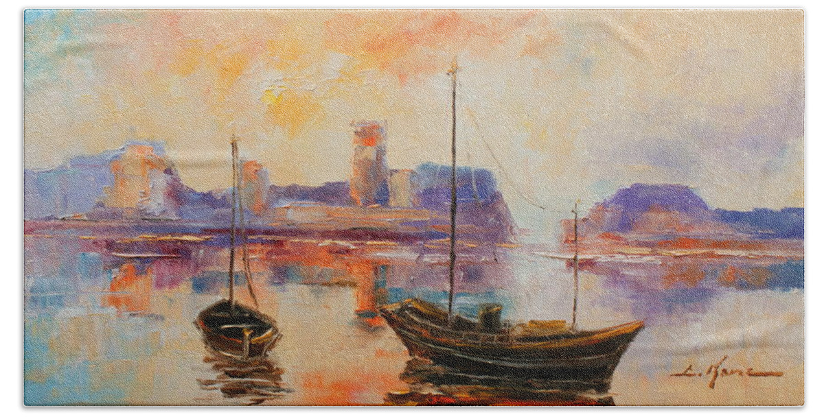 Dunbar Beach Sheet featuring the painting Old Dunbar harbour by Luke Karcz