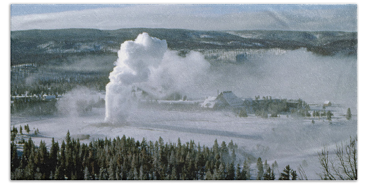Old Faithful Beach Towel featuring the photograph 3M09132-01-Old Faithful Geyser in Winter by Ed Cooper Photography