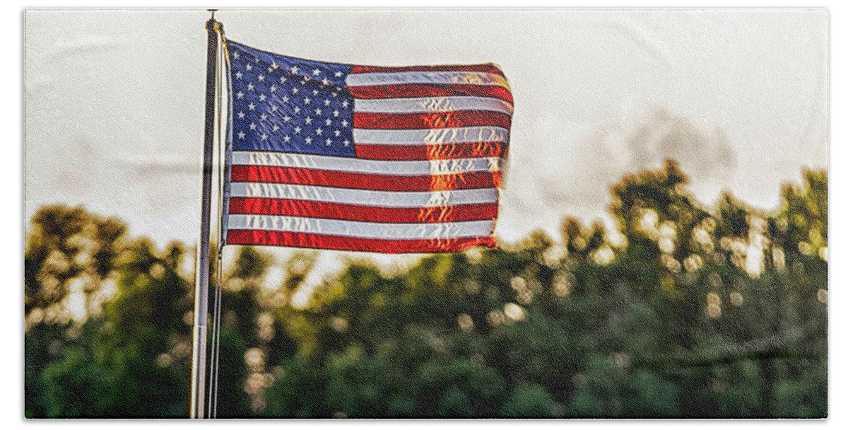 Red Beach Towel featuring the photograph Old Glory Flying High and Proud by Sennie Pierson