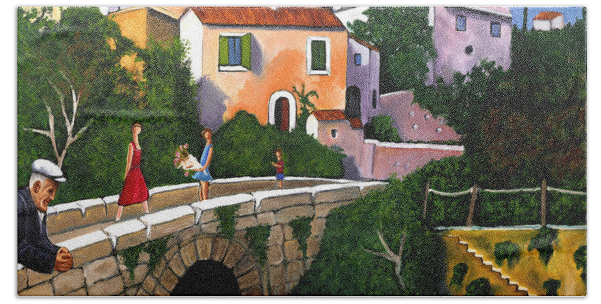 Mediterranean Art Beach Towel featuring the painting Old Man On Bridge by William Cain