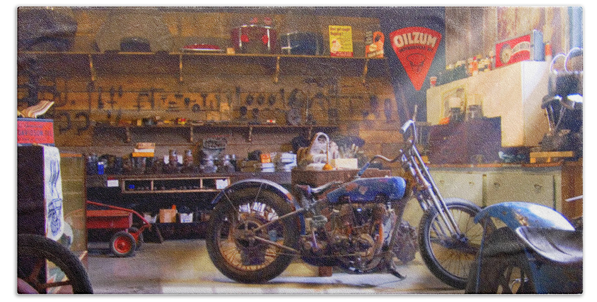 Motorcycle Shop Beach Towel featuring the photograph Old Motorcycle Shop 2 by Mike McGlothlen