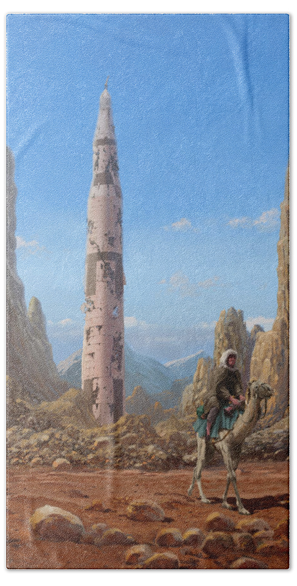 Landscape Beach Towel featuring the painting Old Saturn V rocket in desert by Martin Davey