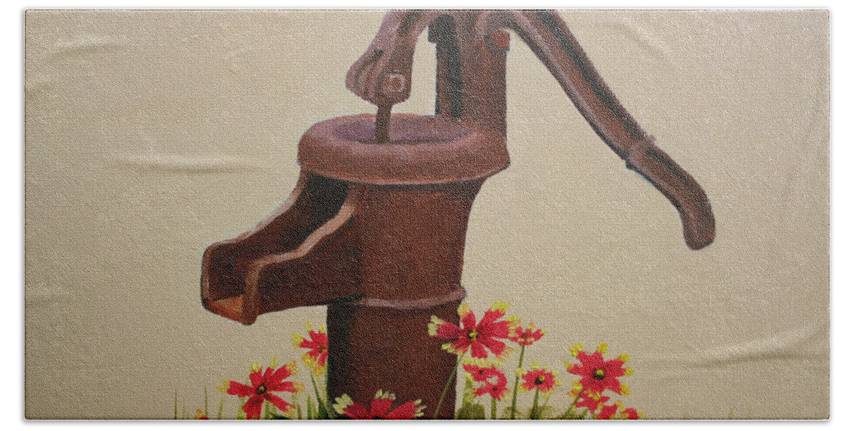 Pump Painting Beach Towel featuring the painting Old Time Pump by Jimmie Bartlett
