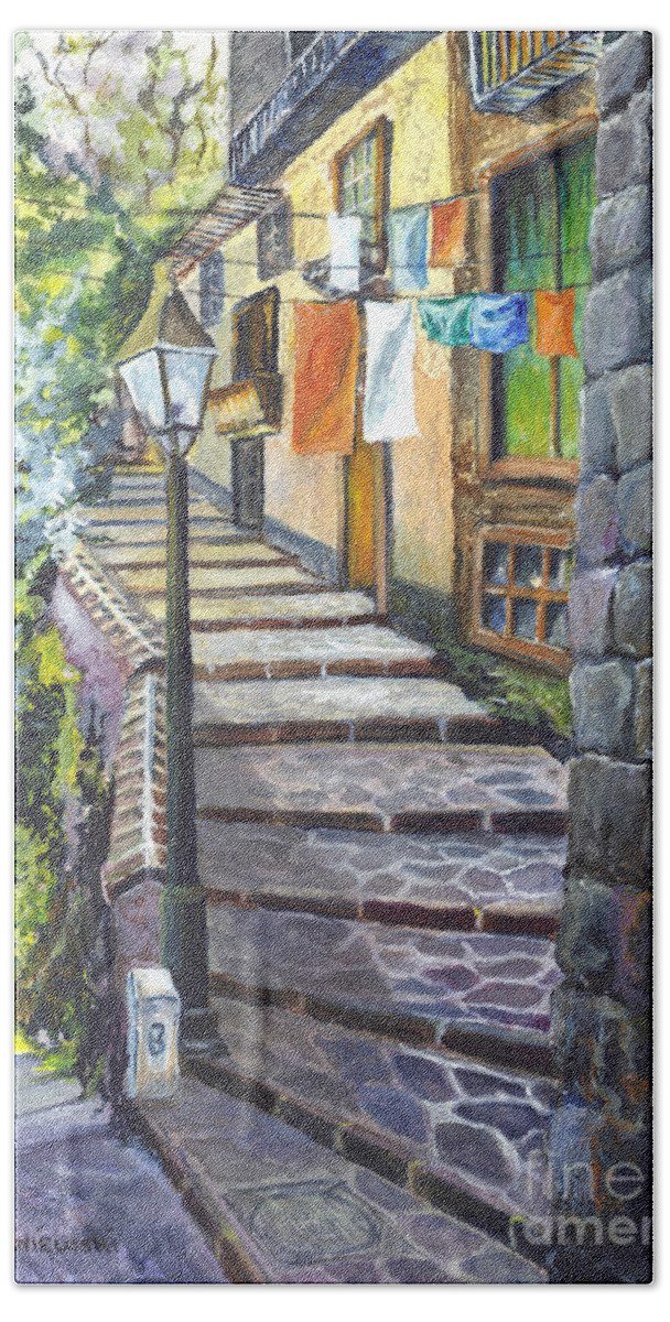 Watercolor Beach Sheet featuring the painting Old Village Stairs - in Tuscany Italy by Carol Wisniewski