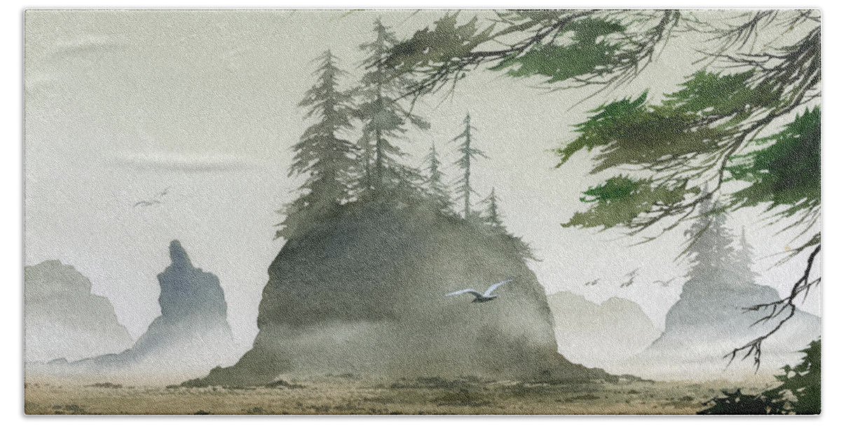 Olympic Coast Beach Towel featuring the painting Olympic Coast Sea Stacks by James Williamson