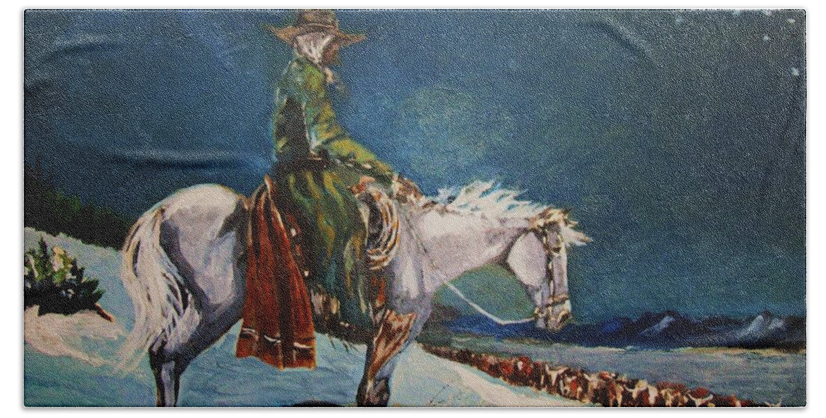 Westerm Art Beach Towel featuring the painting On Night Herd in Winter by Al Brown
