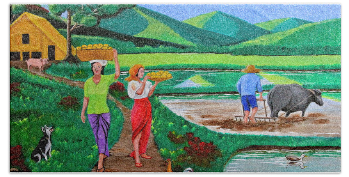 Carabao Beach Sheet featuring the painting One Beautiful Morning in the Farm by Cyril Maza