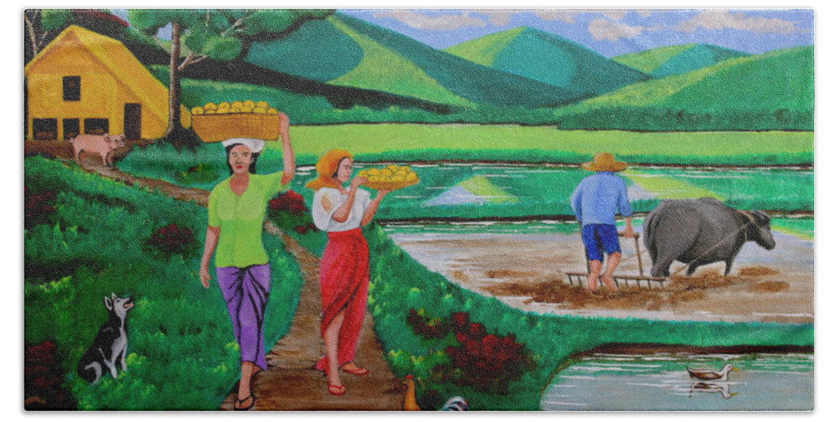 All Products Beach Sheet featuring the painting One Beautiful Morning in the Farm by Lorna Maza