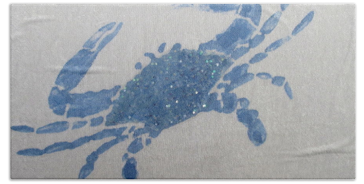 Blue Beach Towel featuring the painting One Blue Crab on Sand by Ashley Goforth