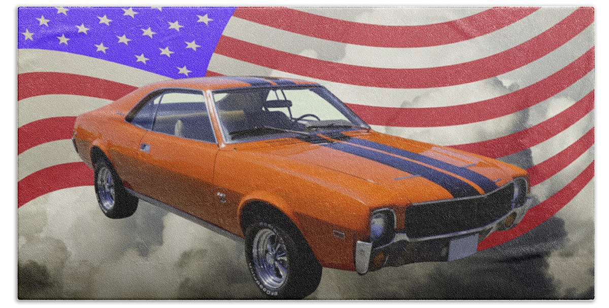 Car Beach Towel featuring the photograph Orange 1969 AMC Javlin Car and American Flag by Keith Webber Jr