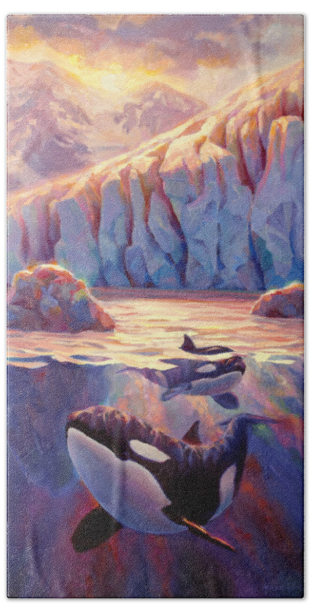 Orca Beach Towel featuring the painting Orca Sunrise at the Glacier by K Whitworth