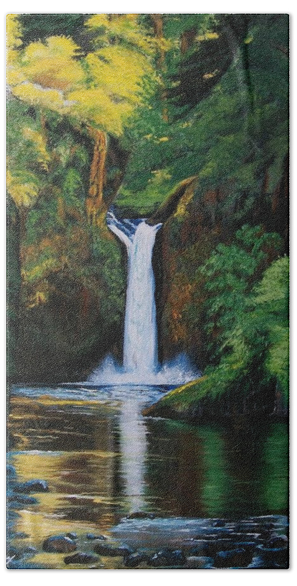 Waterfalls Beach Sheet featuring the painting Oregon's Punchbowl Waterfalls by Sharon Duguay