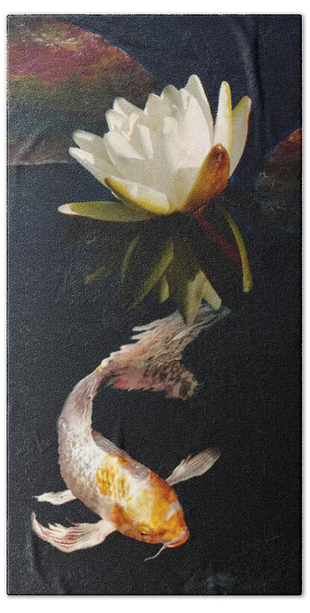 Koi Beach Towel featuring the photograph Oriental Koi Fish and Water Lily Flower by Jennie Marie Schell