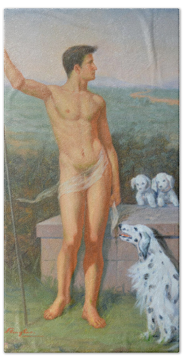Original. Oil Painting Beach Towel featuring the painting Original classic oil painting man body art-male nude and dogs #16-2-4-11 by Hongtao Huang