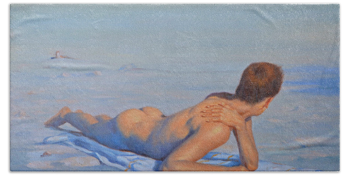 Originnal Beach Towel featuring the painting Original Young Man Oil Painting Body Gay Art- Male Nude Lying On The Beach#16-2-2-10 by Hongtao Huang