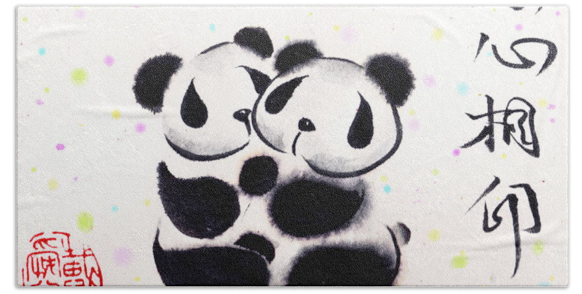 Panda Beach Towel featuring the painting Our Hearts Are Sealed by Oiyee At Oystudio