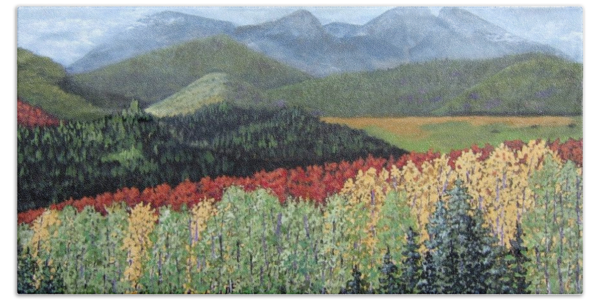 Landscape Beach Towel featuring the painting Over the Hills and Through the Woods by Suzanne Theis