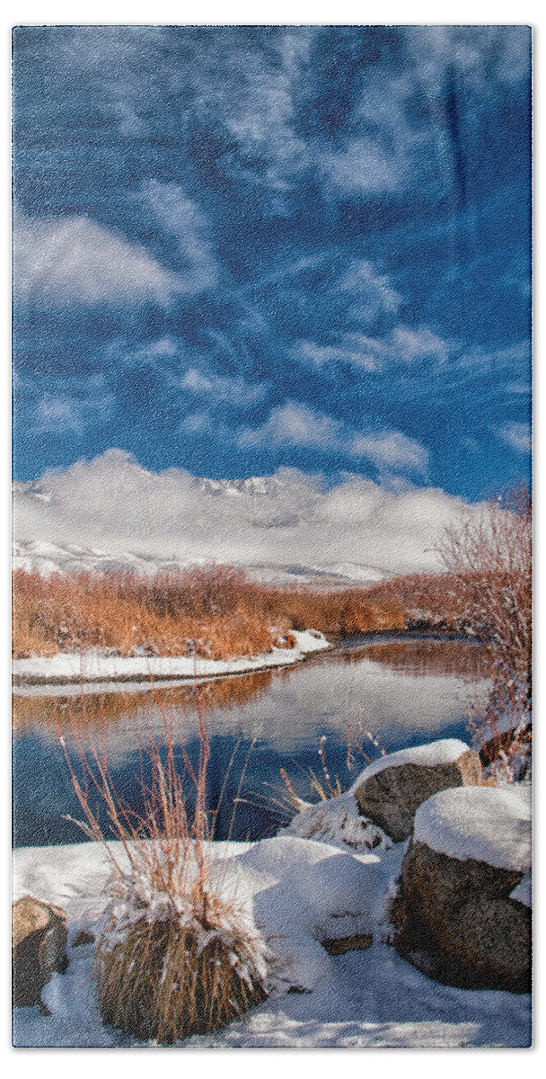 River Water Reflection Mountains Blue California eastern Sierra Nature Scenic Landscape Day Sky Clouds Beach Sheet featuring the photograph Owens River Cloudscapes by Cat Connor