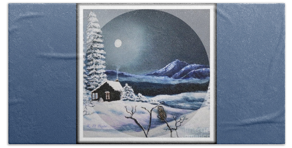 Cold And Silent Winter Night In The Valley Snow Scene Paintings Log Cabin With Snow Smoke Coming From Chimney Evergreen Trees Next To It Deciduous In The Front Tree Branches With Small Barred Owl Perched Watching Full Bright Moon Illumination On It Smoky Mountains In The Backgorund With A Mist Nature Scene Paintings Snow Paintings Acrylic Paintings Beach Towel featuring the painting Owl Watch on a Cold Winter's Night in the Round by Kimberlee Baxter