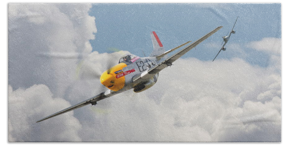 Aircraft Beach Towel featuring the digital art P51 Mustang and Me 262 by Pat Speirs