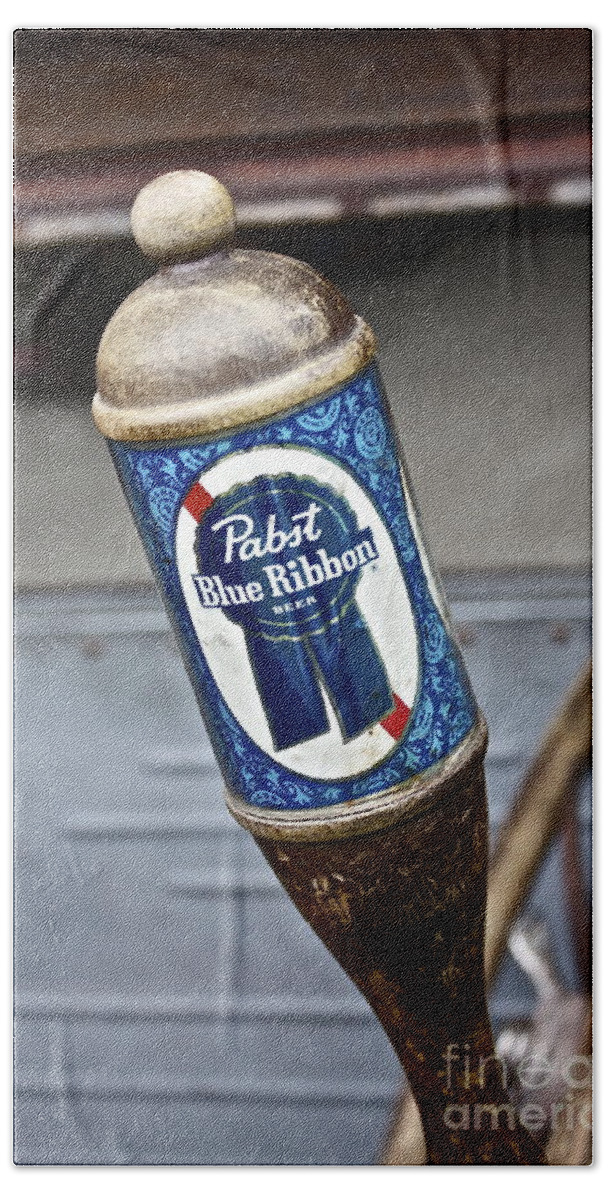 Car Beach Towel featuring the photograph Pabst Blue Ribbon Beer by Linda Bianic