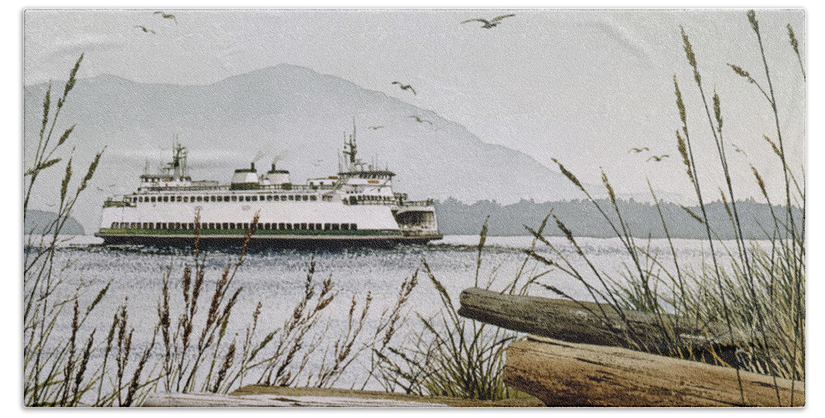 Ferry Beach Sheet featuring the painting Pacific Northwest Ferry by James Williamson