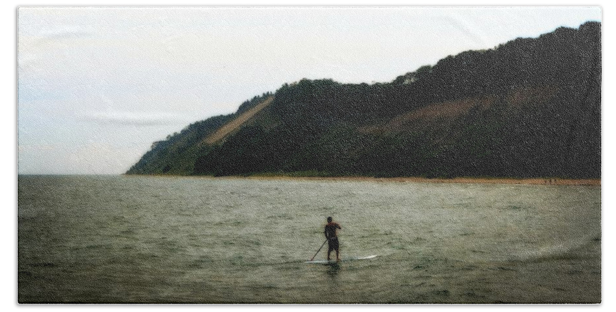 Paddle Board Beach Sheet featuring the photograph Paddle Boarding along Dunes by Michelle Calkins